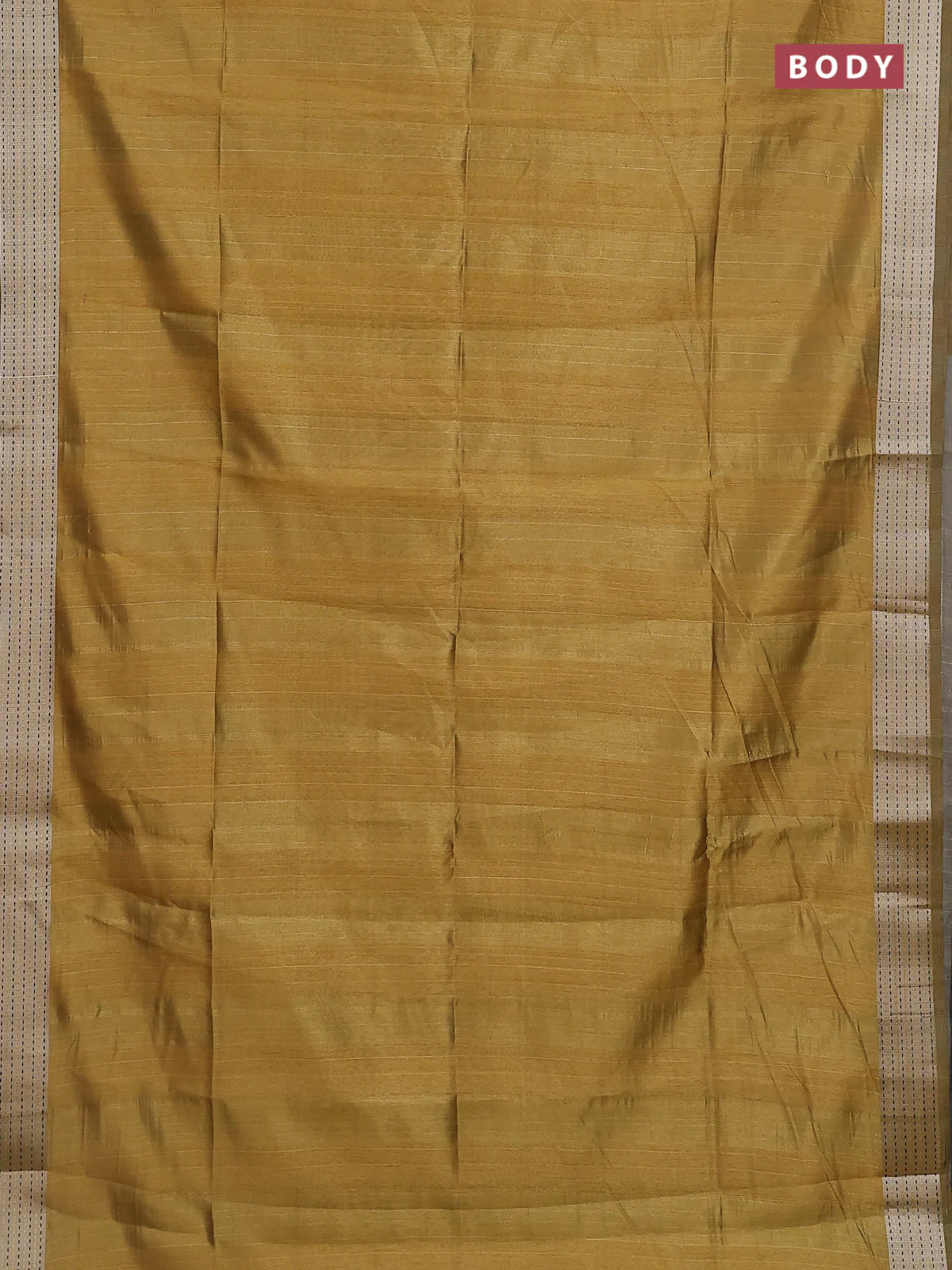 Semi dupion saree dark mustard with plain body and madhubani printed pallu & kantha stitch work - Image 2