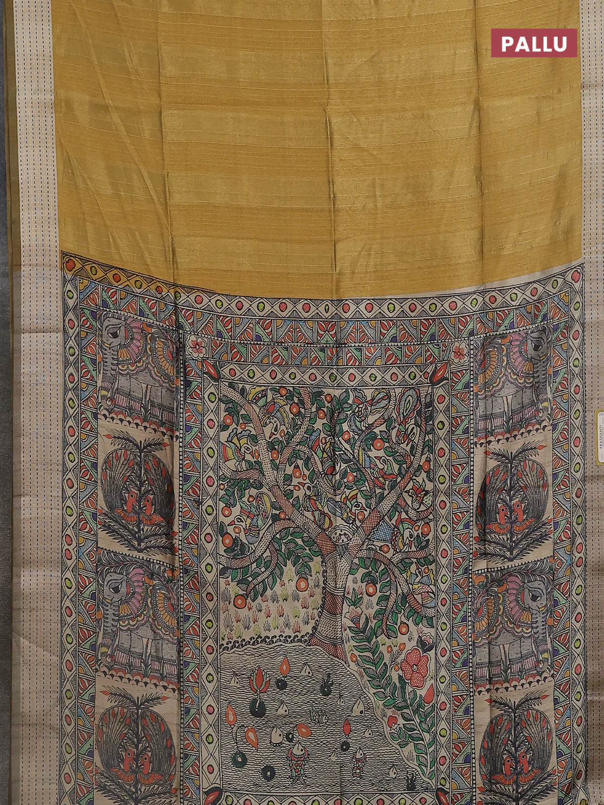 Semi dupion saree dark mustard with plain body and madhubani printed pallu & kantha stitch work - Image 3