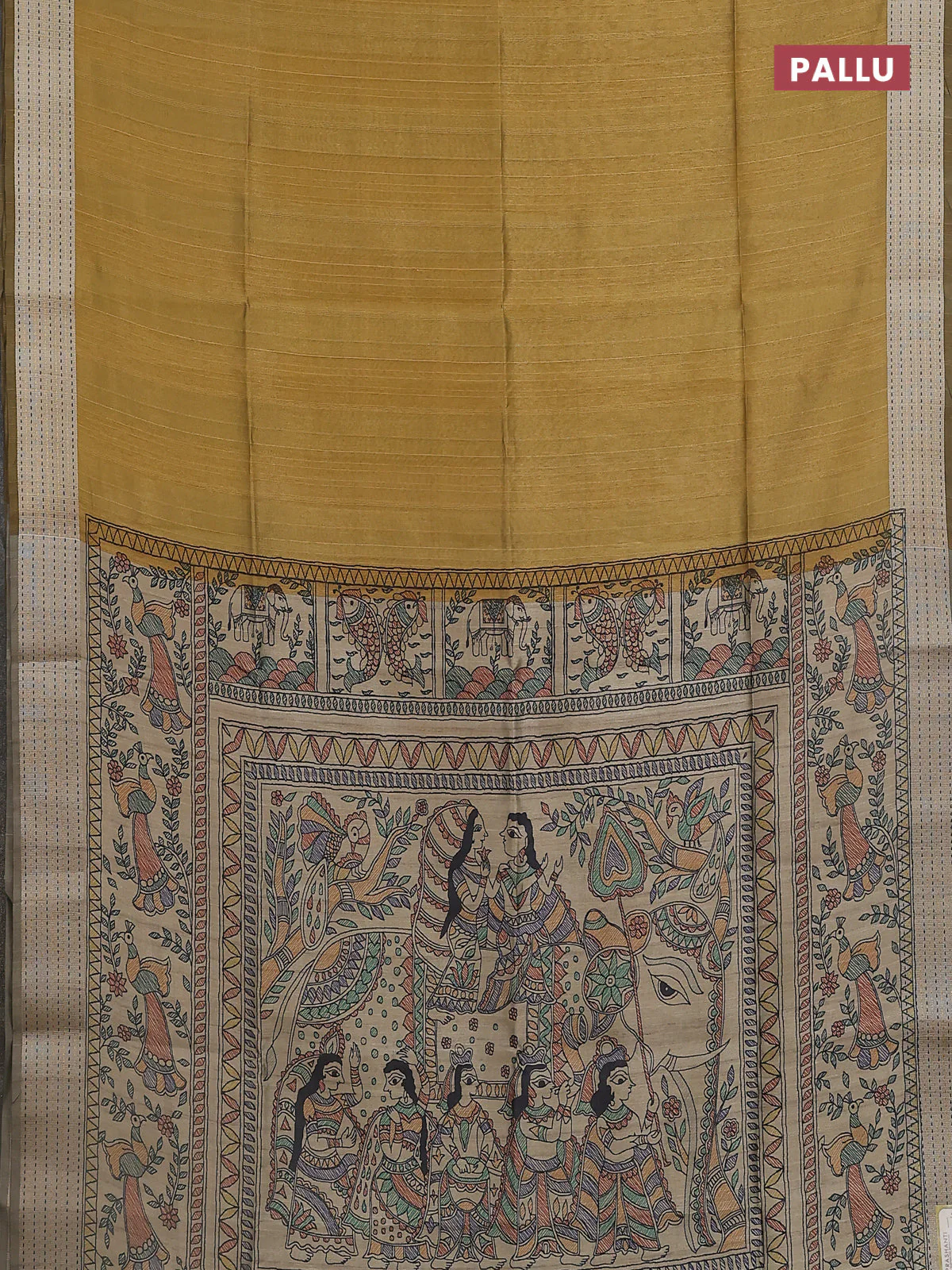 Semi dupion saree dark mustard with plain body and madhubani printed pallu & kantha stitch work - Image 3