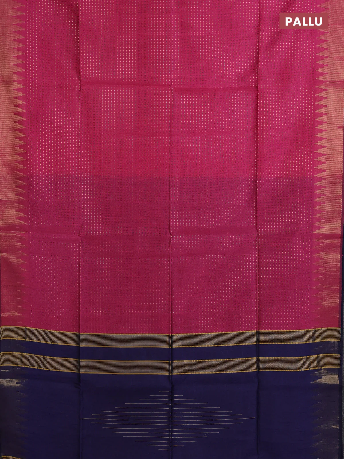 Semi dupion saree dark pink and navy blue with allover zari weaves and temple zari woven border - Image 3
