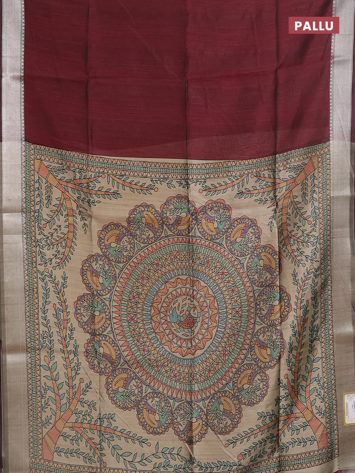 Semi dupion saree deep maroon and beige with plain body and madhubani printed pallu & blouse - Image 3