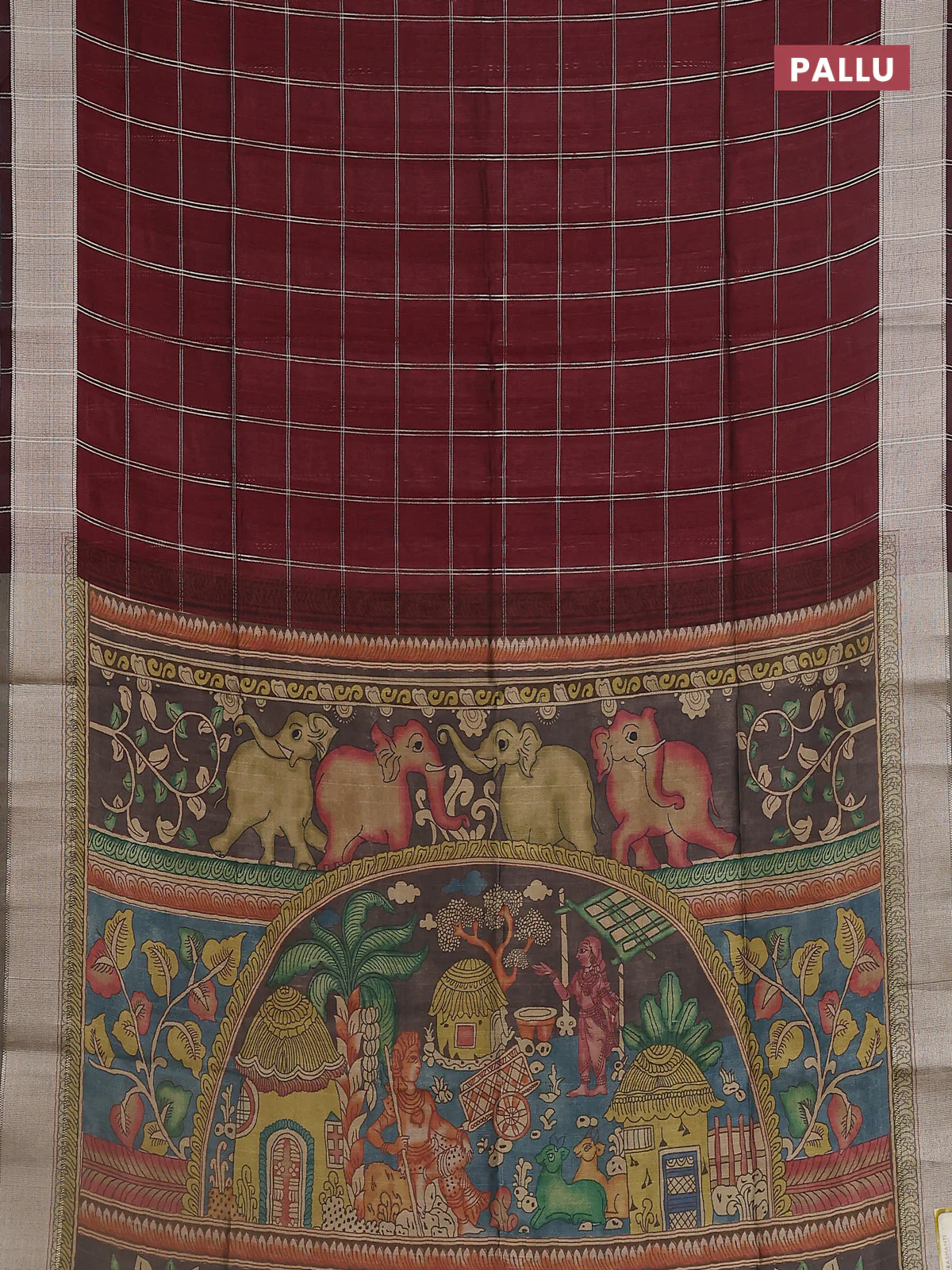 Semi dupion saree deep maroon with allover zari checks pattern and madhubani printed pallu & blouse - Image 3