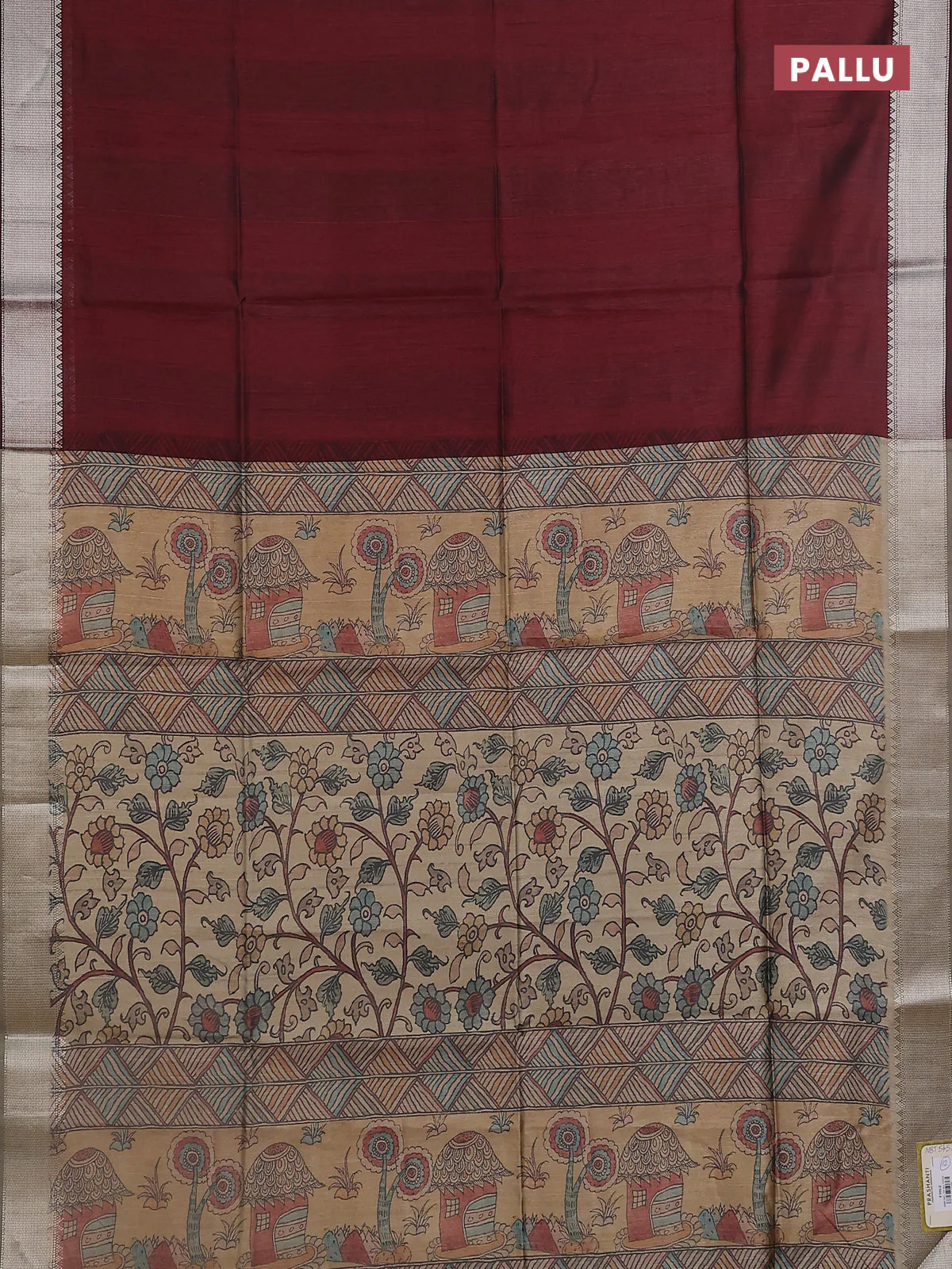 Semi dupion saree deep maroon with plain body and madhubani printed pallu & blouse - Image 3