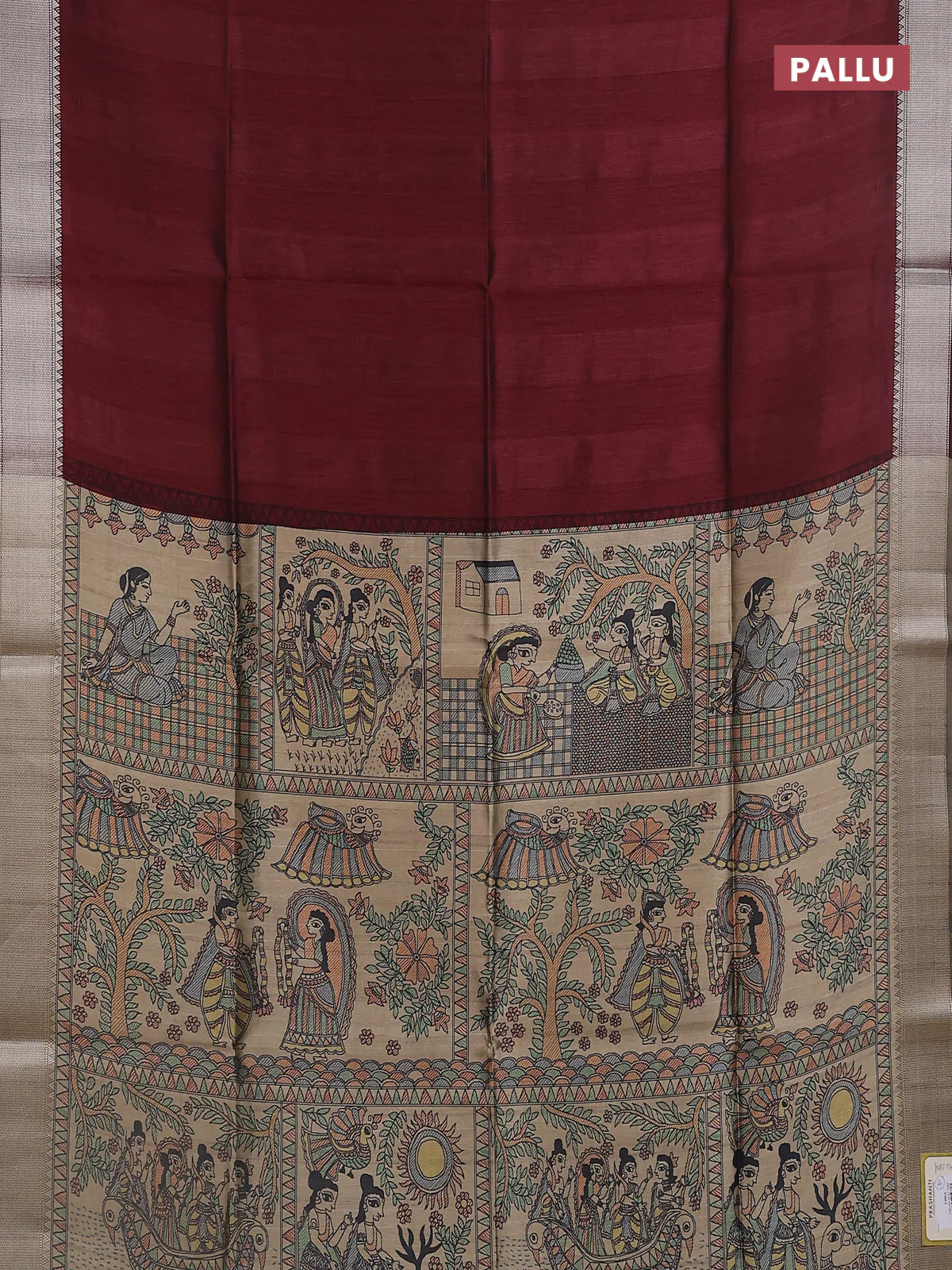 Semi dupion saree deep maroon with plain body and madhubani printed pallu & blouse - Image 3