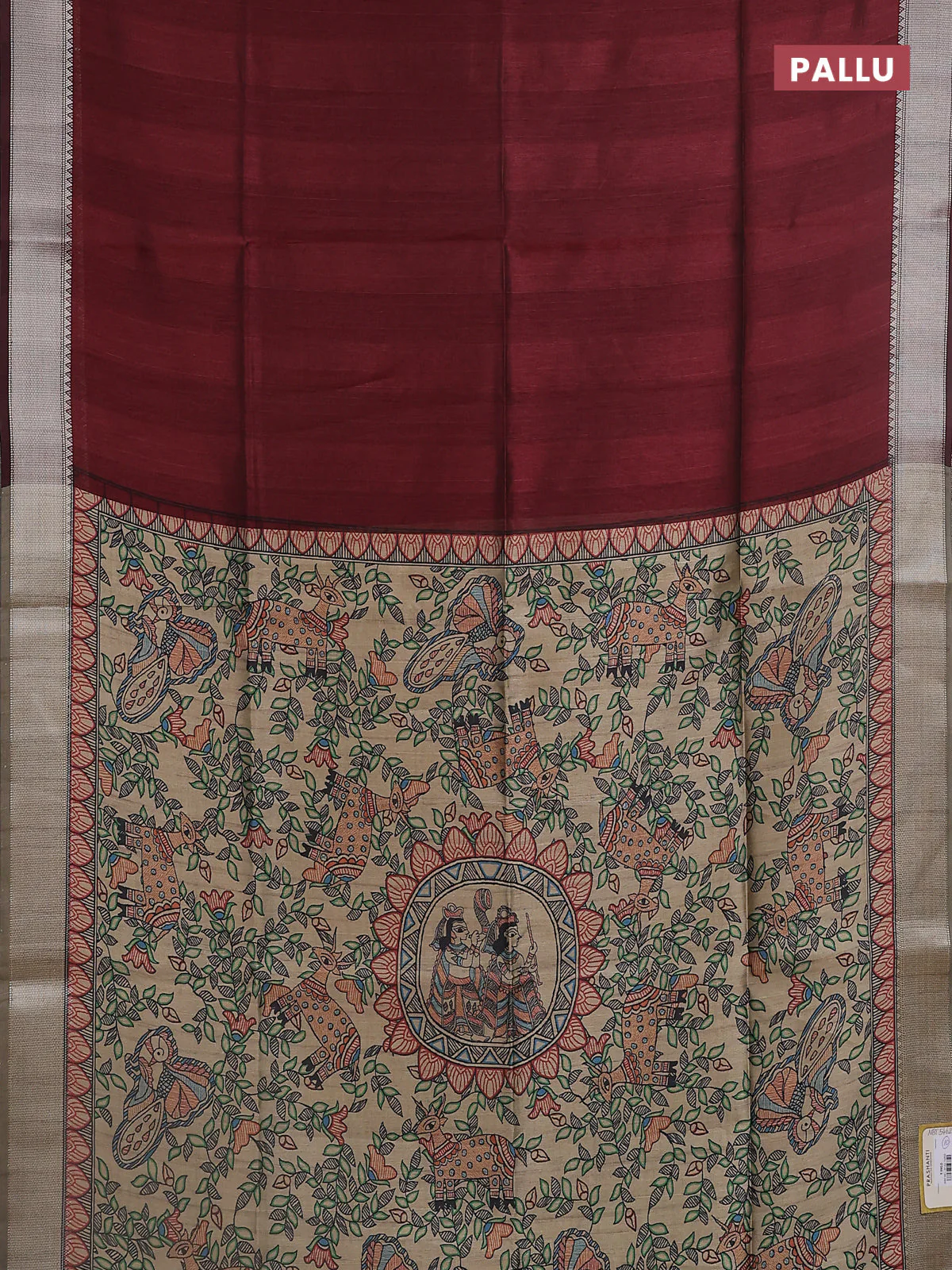 Semi dupion saree deep maroon with plain body and madhubani printed pallu & blouse - Image 3