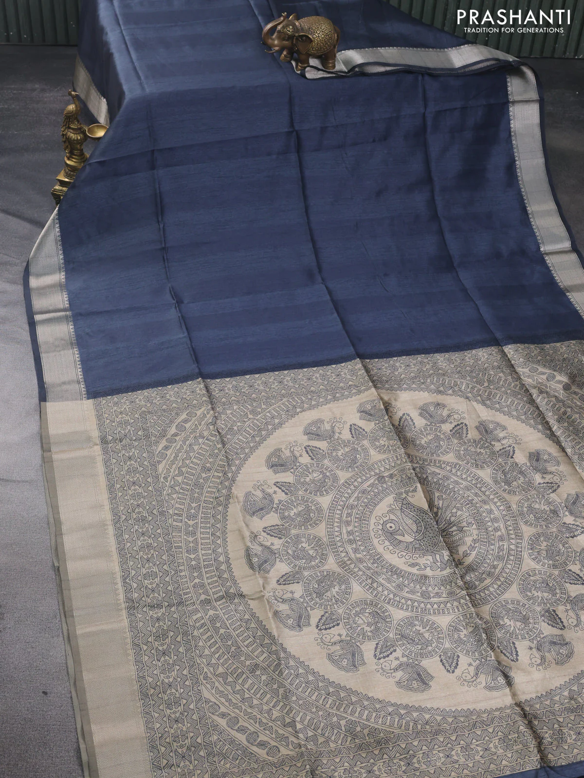 Semi dupion saree elephant grey and beige with plain body and madhubani prints pallu - Image 2