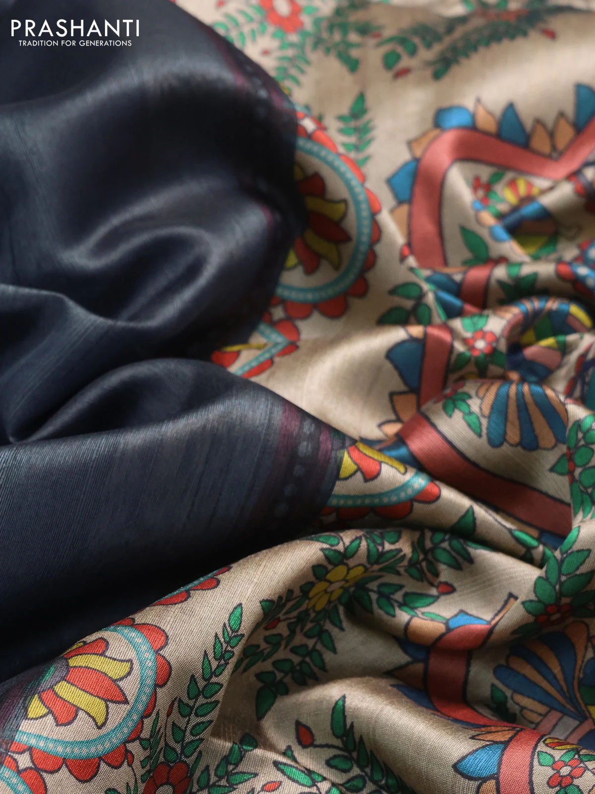 Semi dupion saree elephant grey and beige with plain body and printed pallu - Image 3