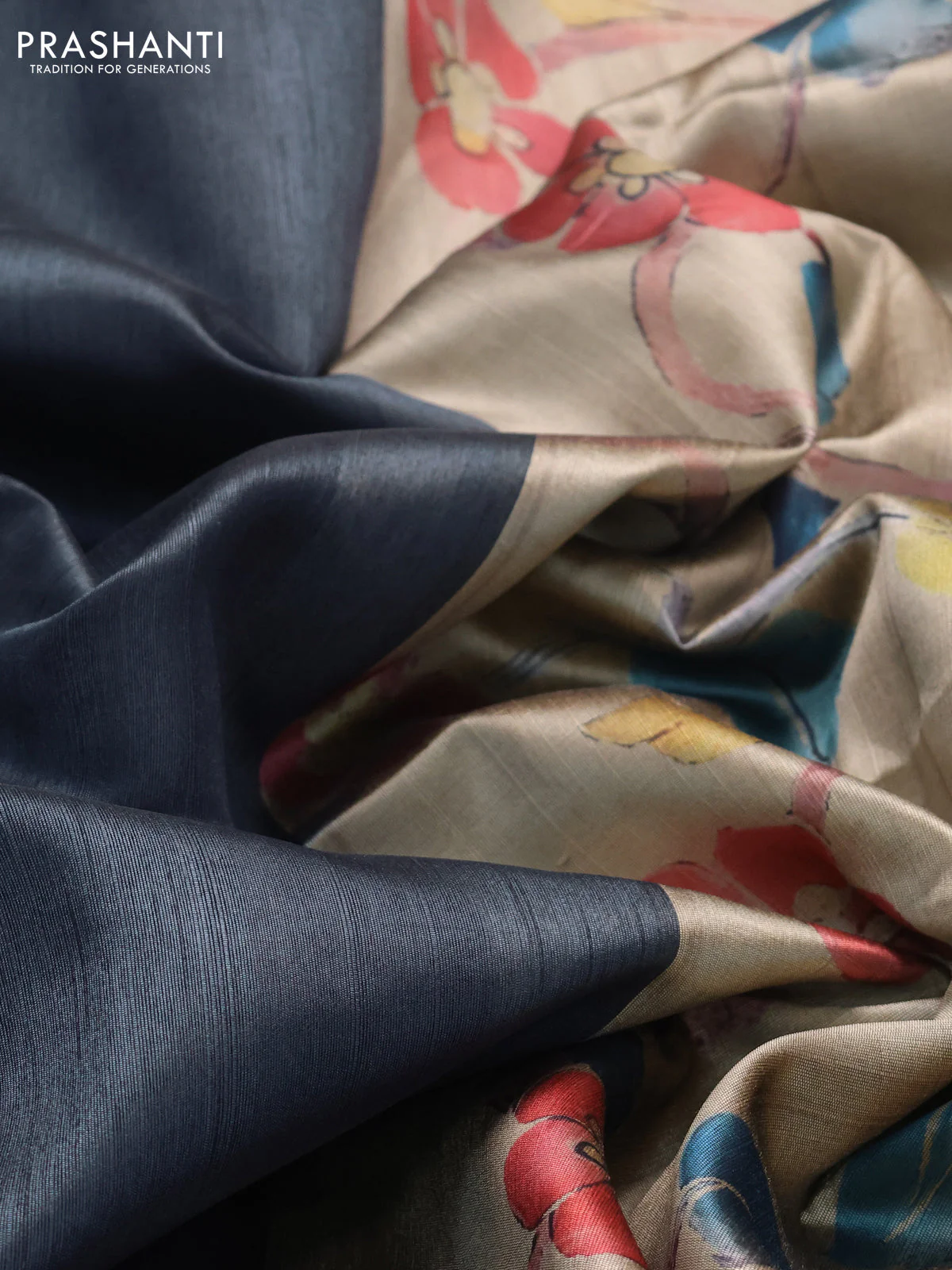 Semi dupion saree elephant grey and beige with plain body and printed pallu - Image 3