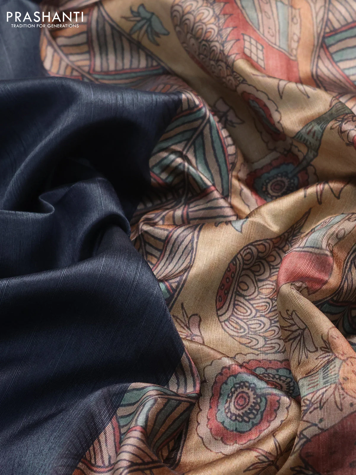 Semi dupion saree elephant grey and beige with plain body and printed pallu - Image 3