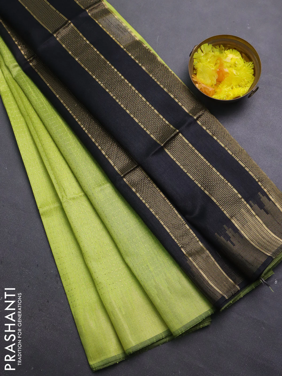 Semi dupion saree fluorescent green and black with allover zari weaves and temple zari woven border