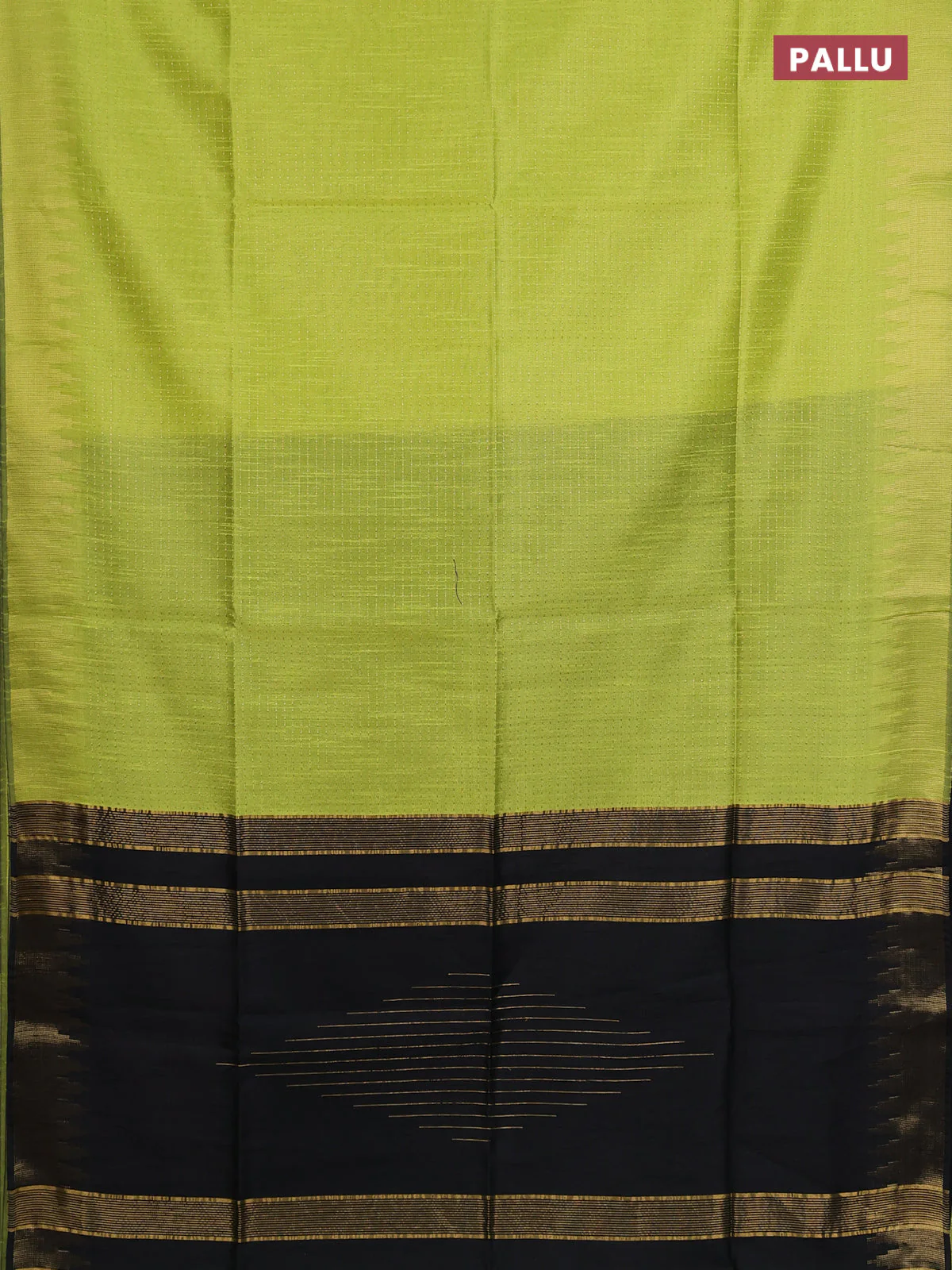 Semi dupion saree fluorescent green and black with allover zari weaves and temple zari woven border - Image 3