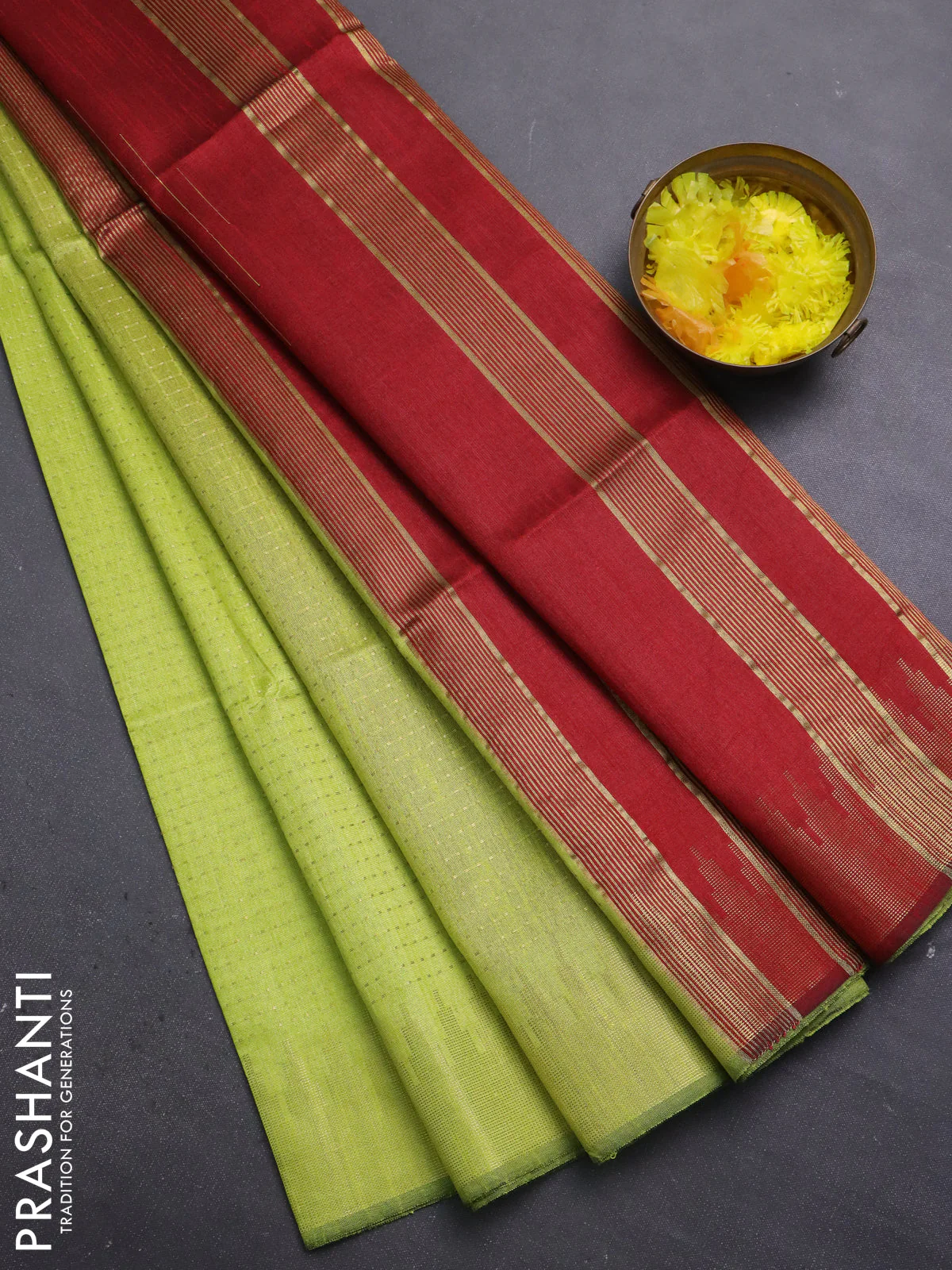 Semi dupion saree fluorescent green and maroon with allover zari weaves and temple zari woven border