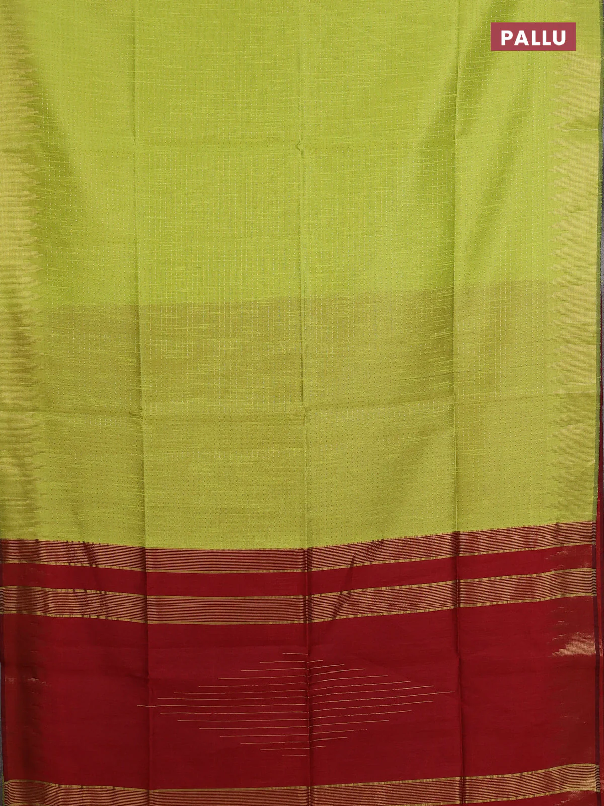Semi dupion saree fluorescent green and maroon with allover zari weaves and temple zari woven border - Image 3