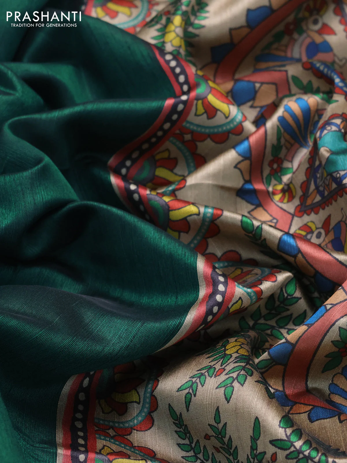 Semi dupion saree green and beige with plain body and printed pallu - Image 3