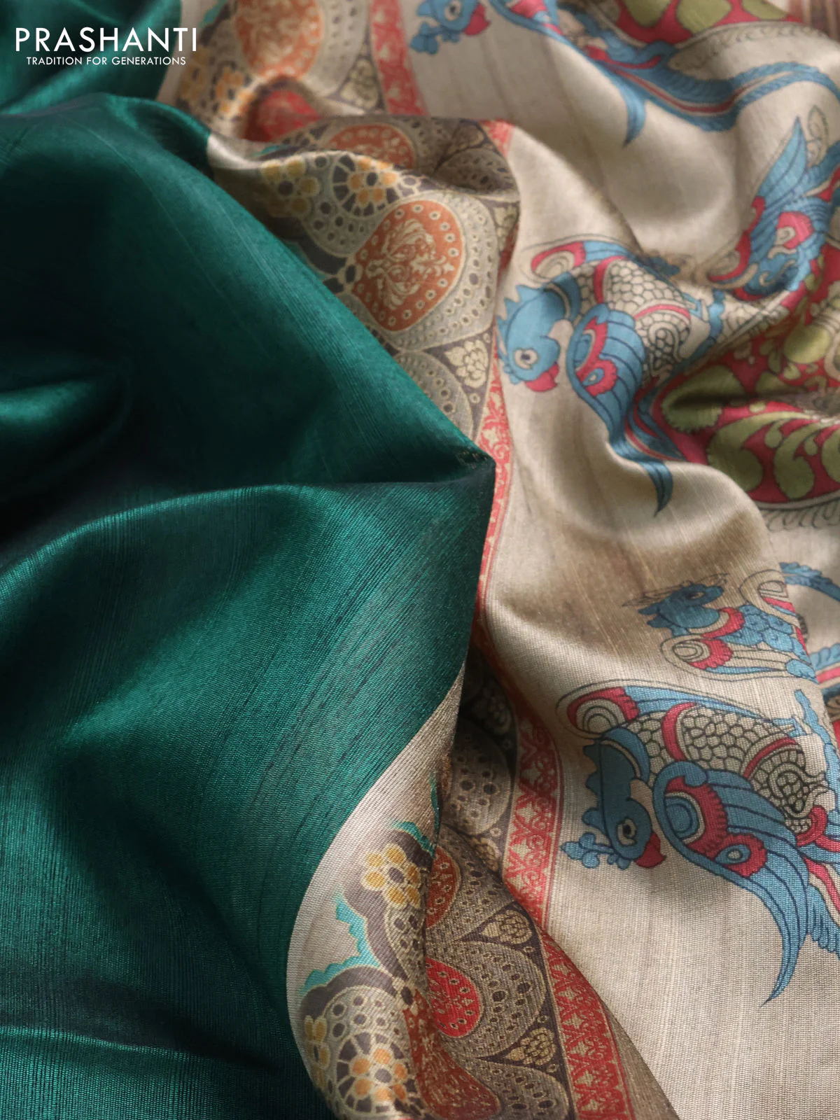 Semi dupion saree green and beige with plain body and printed pallu - Image 3