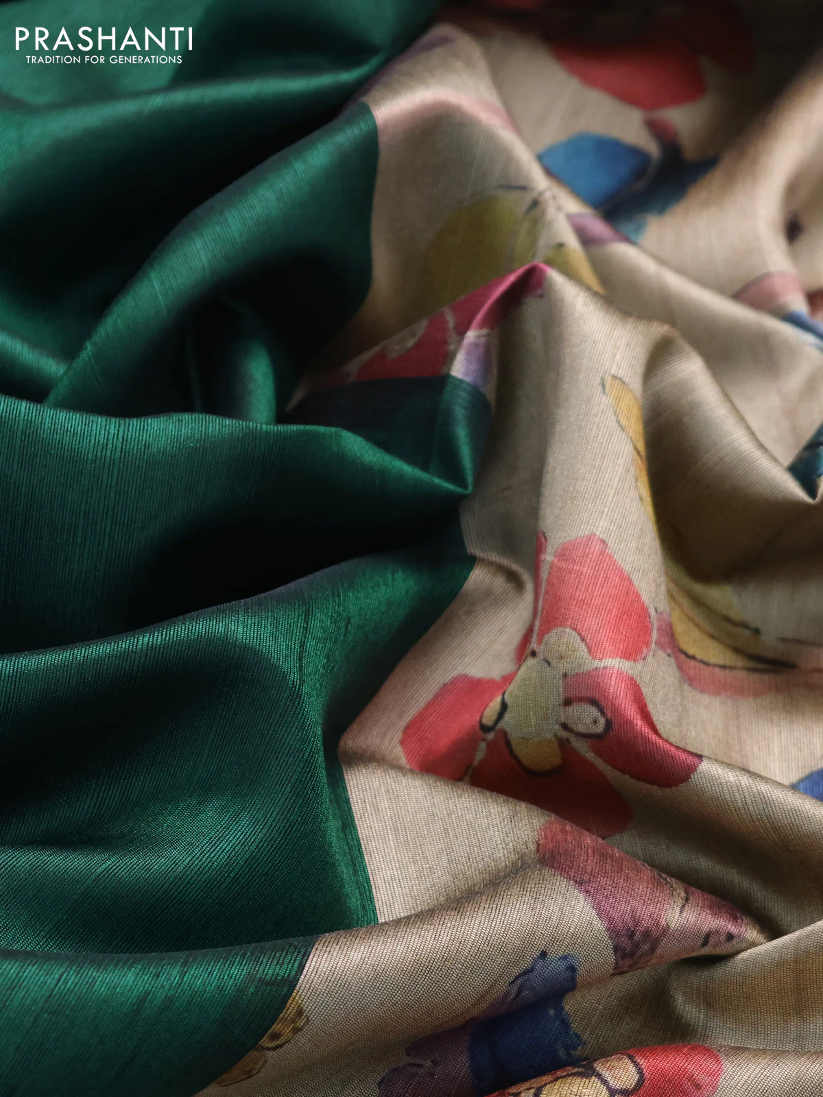 Semi dupion saree green and beige with plain body and printed pallu - Image 3