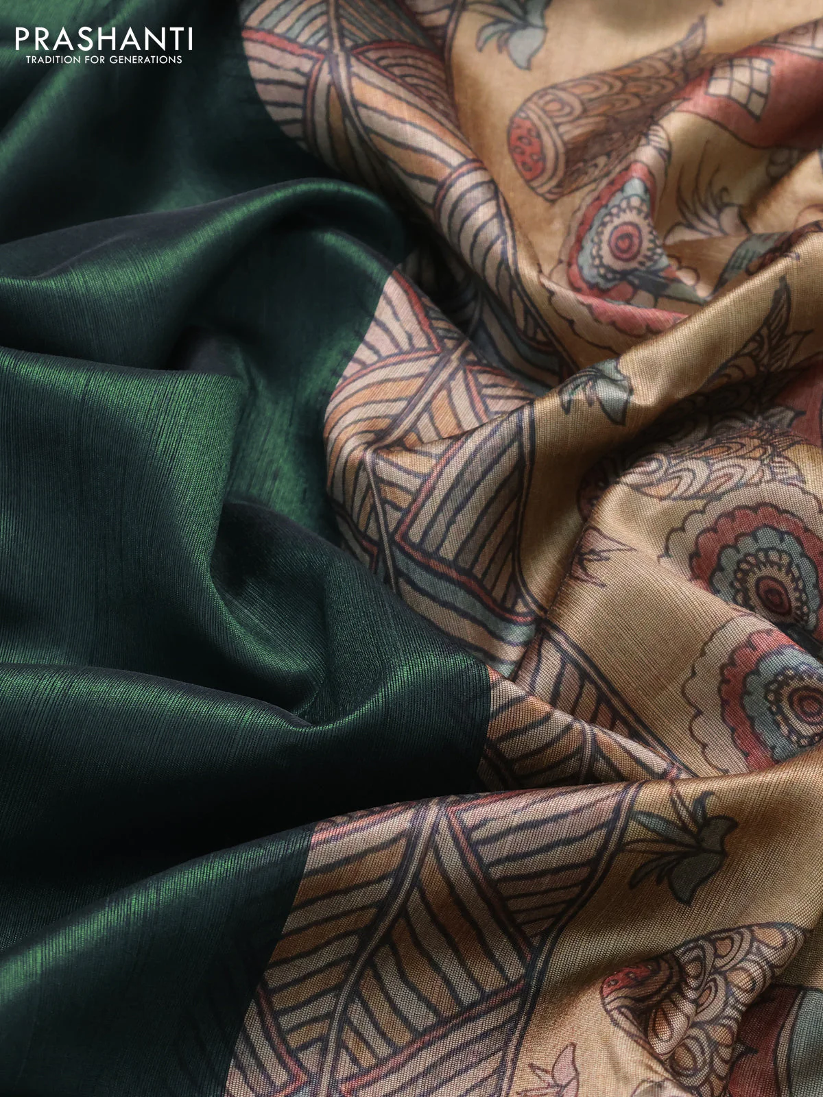 Semi dupion saree green and beige with plain body and printed pallu - Image 3