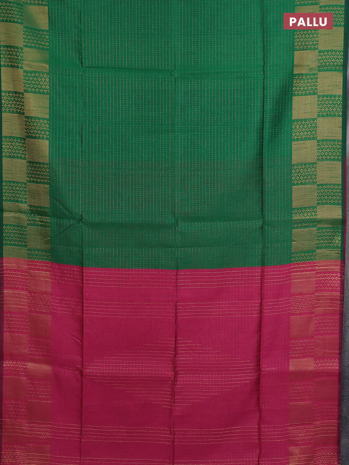 Semi dupion saree green and pink with allover zari stripes pattern and zari woven border - Image 3
