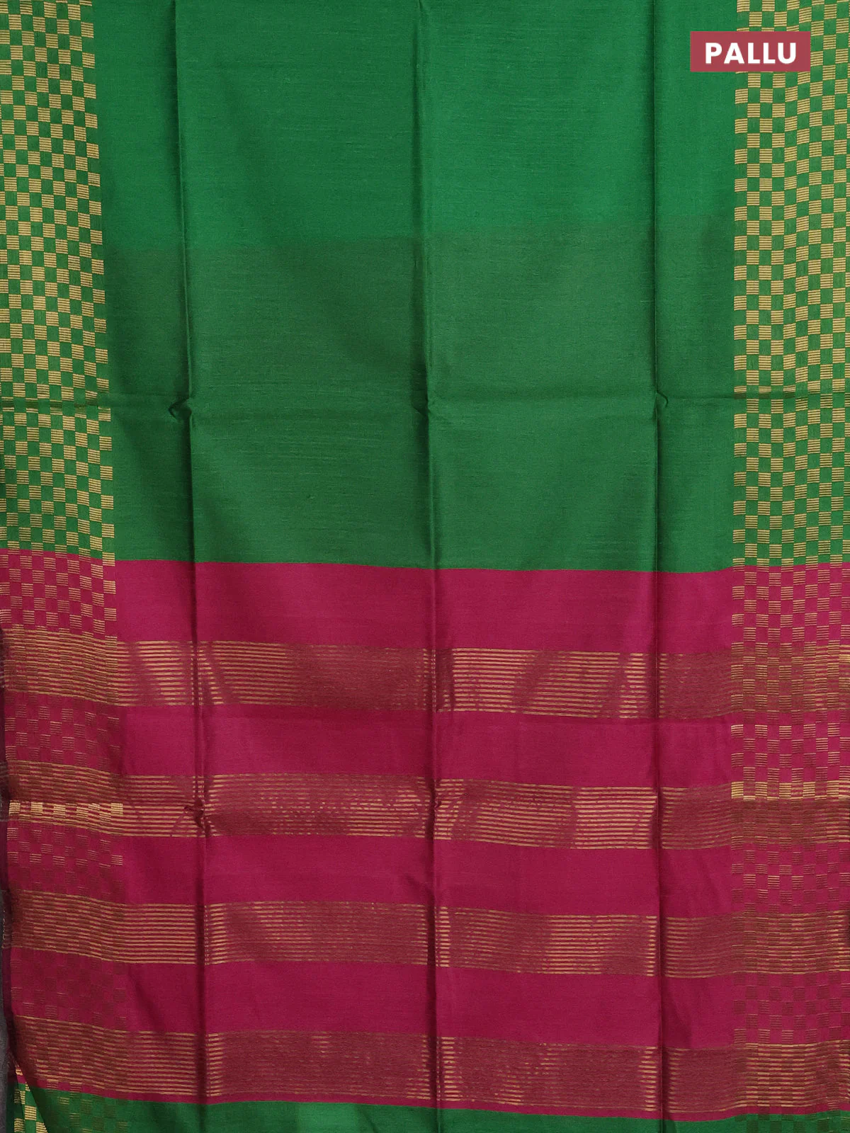 Semi dupion saree green and pink with plain body and zari woven checked border - Image 3