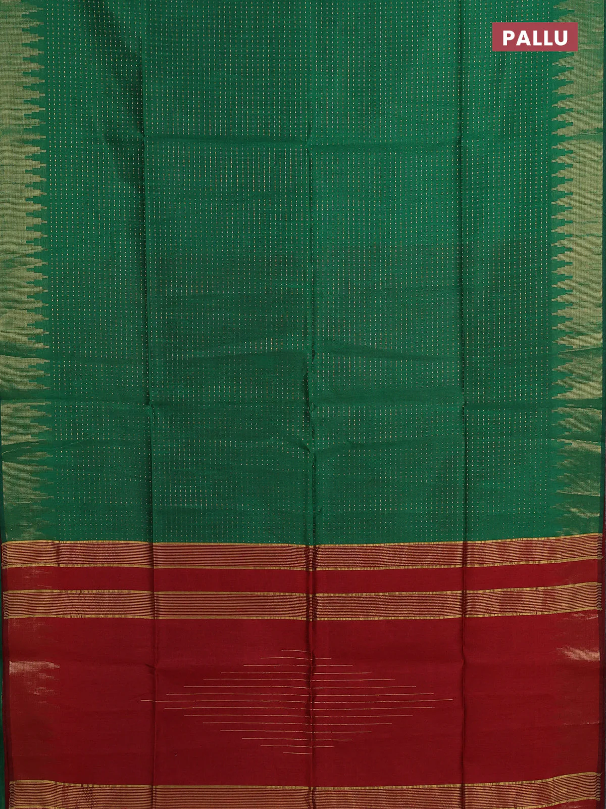Semi dupion saree green and red with allover zari weaves and temple zari woven border - Image 3