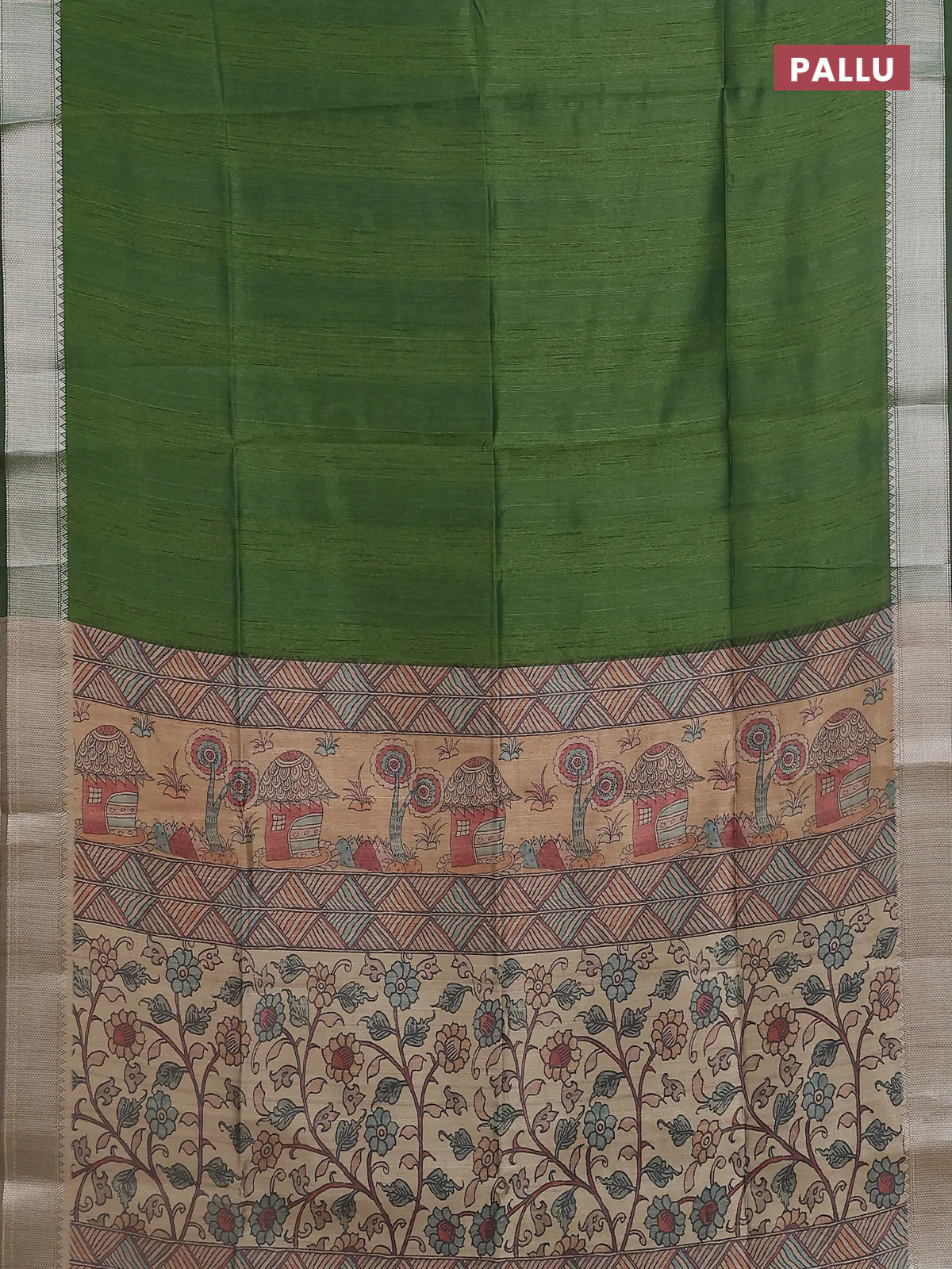 Semi dupion saree green with plain body and madhubani printed pallu & blouse - Image 3