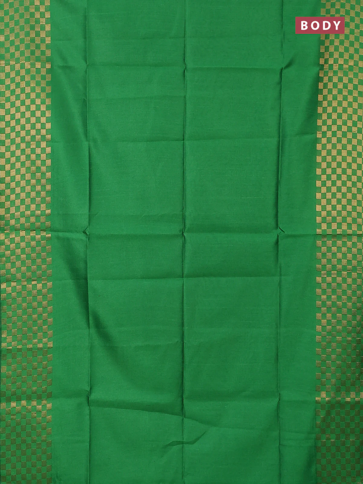Semi dupion saree green with plain body and zari woven checked border - Image 2