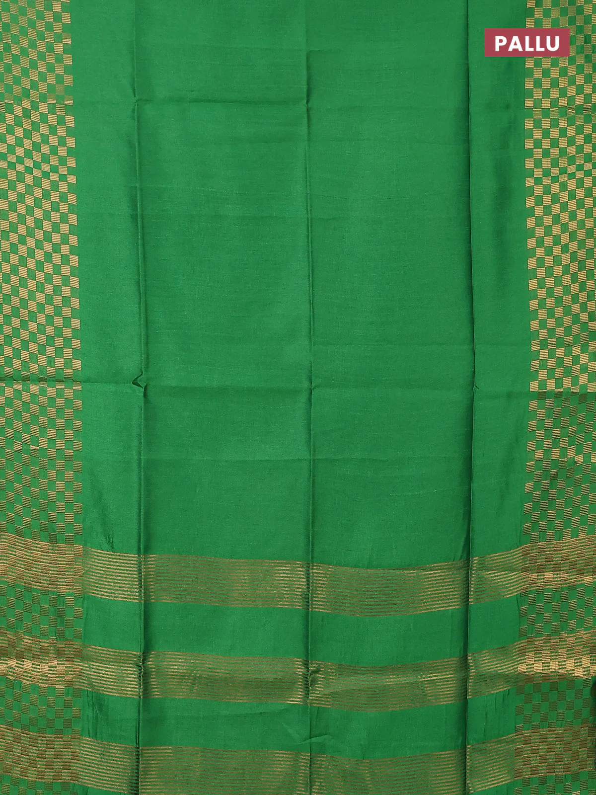 Semi dupion saree green with plain body and zari woven checked border - Image 3