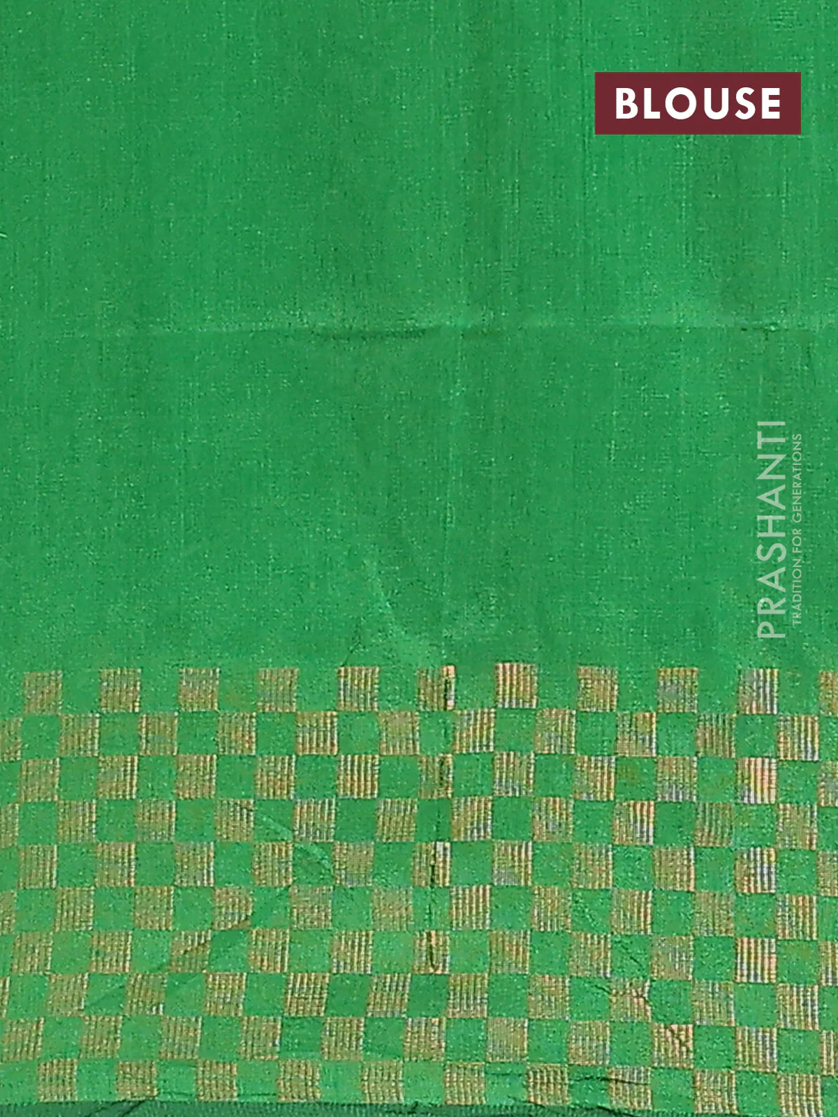 Semi dupion saree green with plain body and zari woven checked border - Image 4