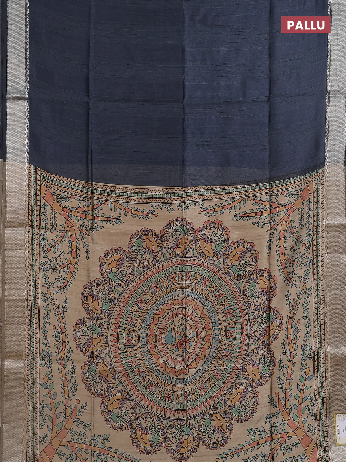 Semi dupion saree grey and beige with plain body and madhubani printed pallu & blouse - Image 3