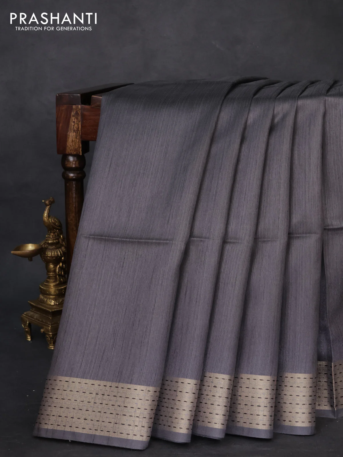Semi dupion saree grey and beige with plain body and madhubani printed pallu - Image 2
