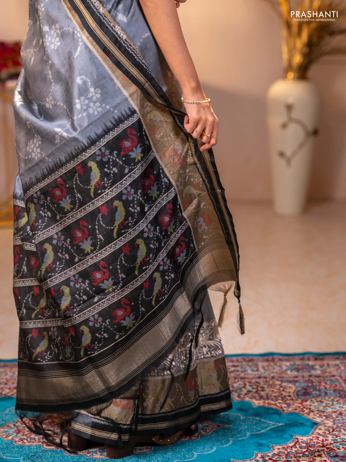 Semi dupion saree grey and black with allover thread weaves and parsi embroidery work zari woven border - Image 5