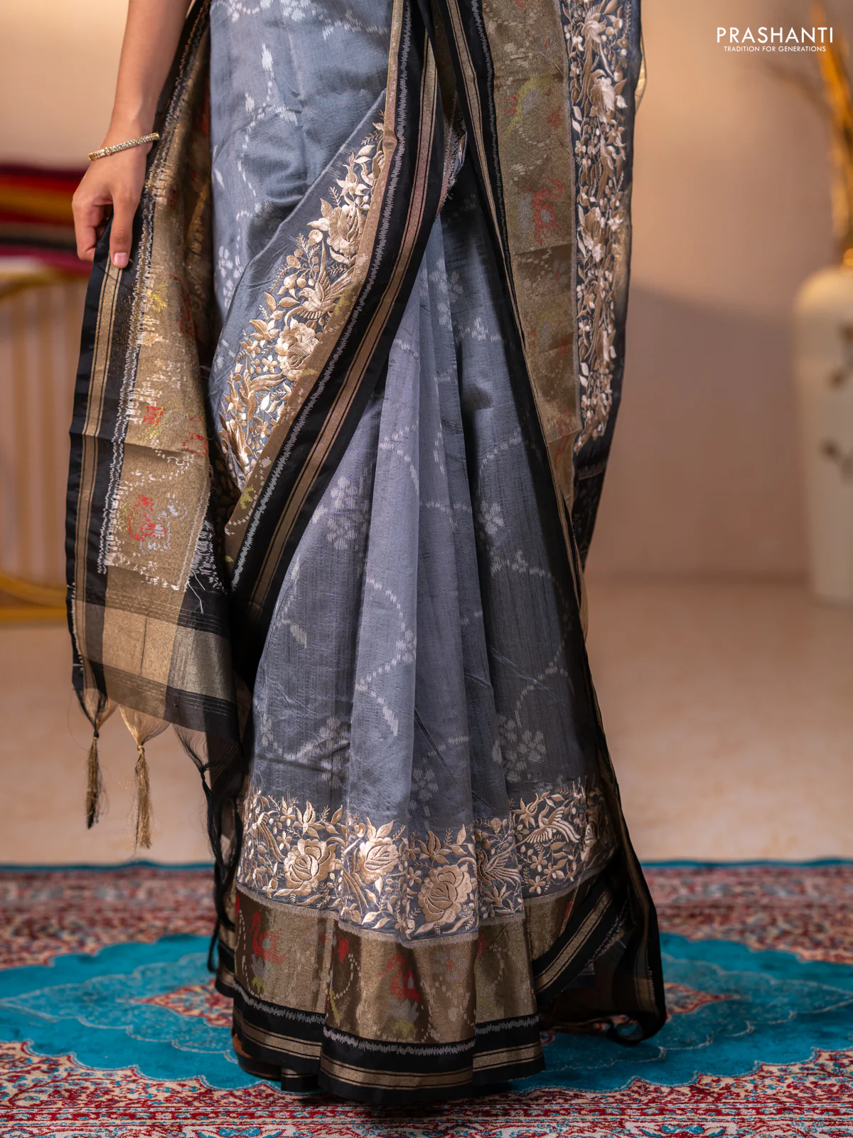 Semi dupion saree grey and black with allover thread weaves and parsi embroidery work zari woven border - Image 6