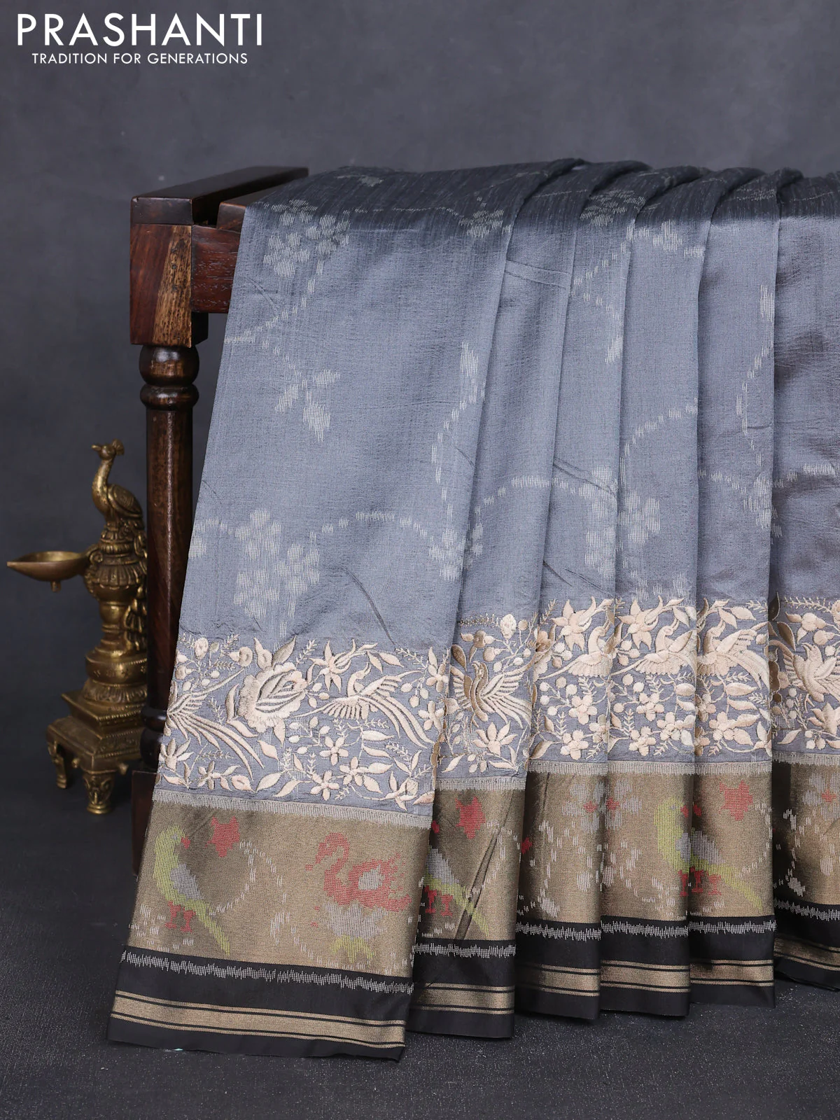 Semi dupion saree grey and black with allover thread weaves and parsi embroidery work zari woven border - Image 7