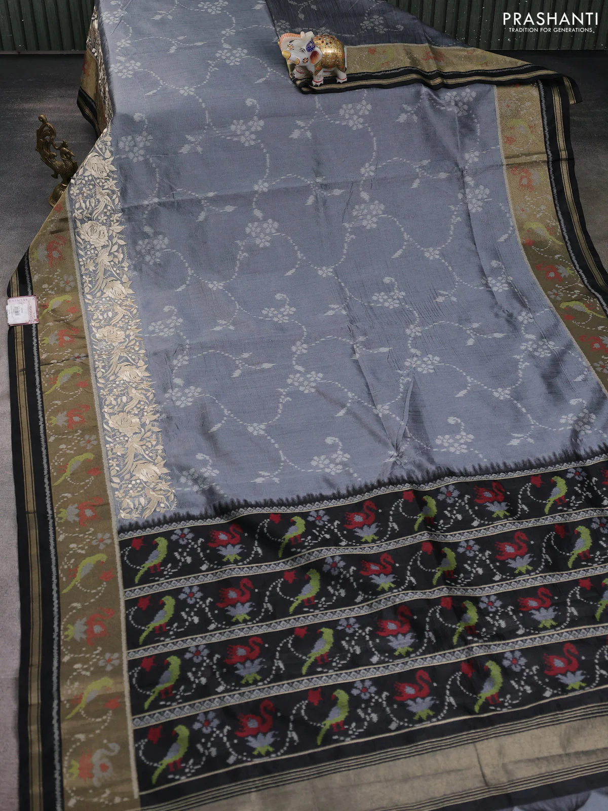 Semi dupion saree grey and black with allover thread weaves and parsi embroidery work zari woven border - Image 8