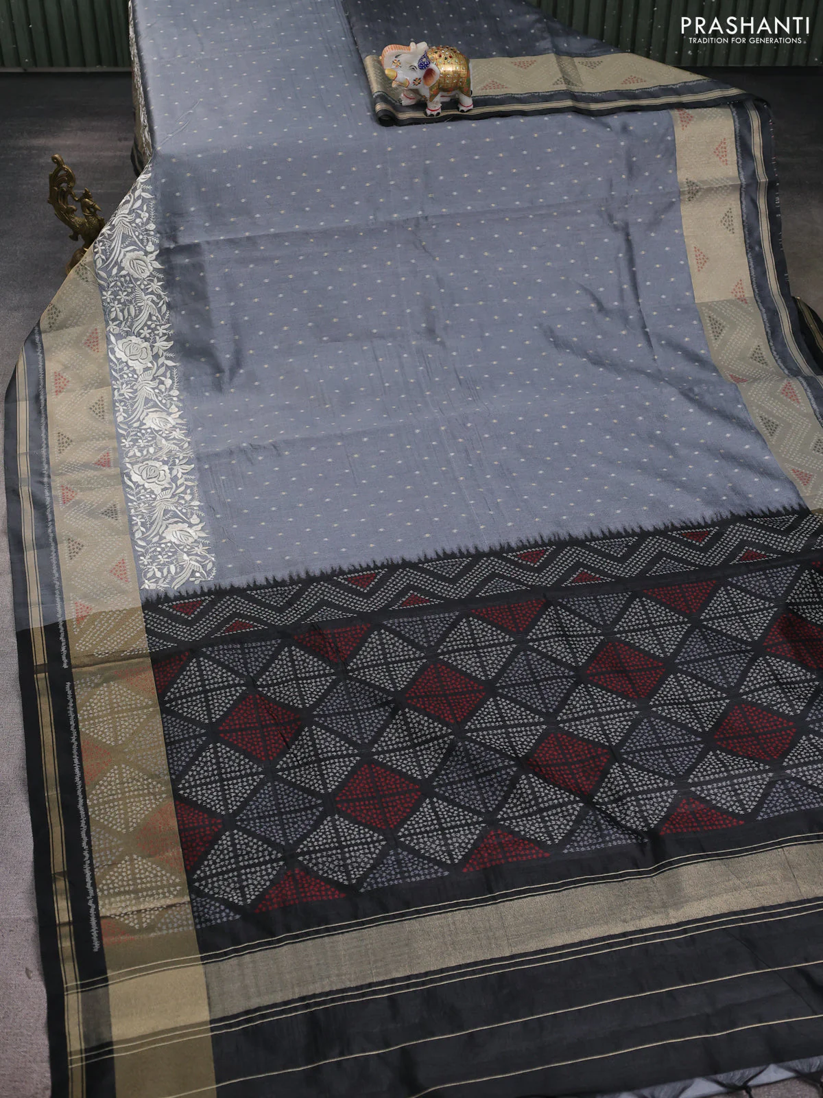 Semi dupion saree grey and black with allover thread & zari woven buttas and parsi embroidery work zari woven border - Image 2