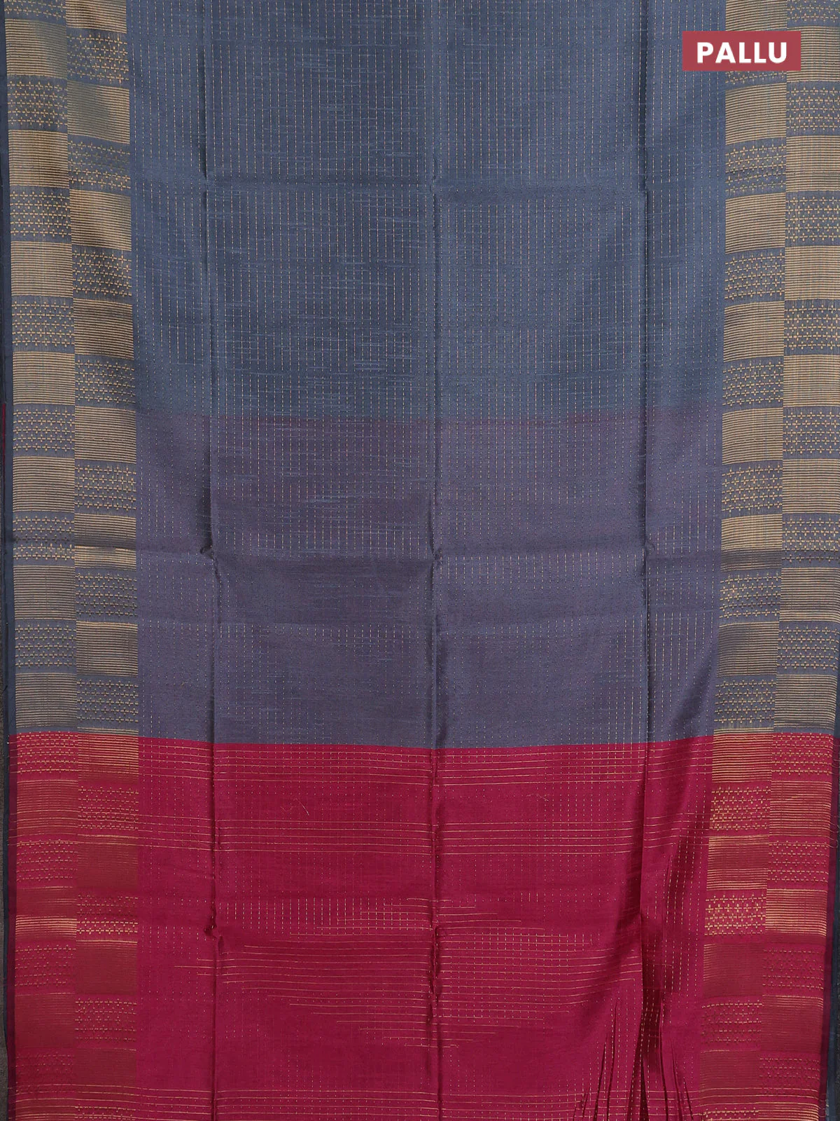Semi dupion saree grey and pink with allover zari stripes pattern and zari woven border - Image 3