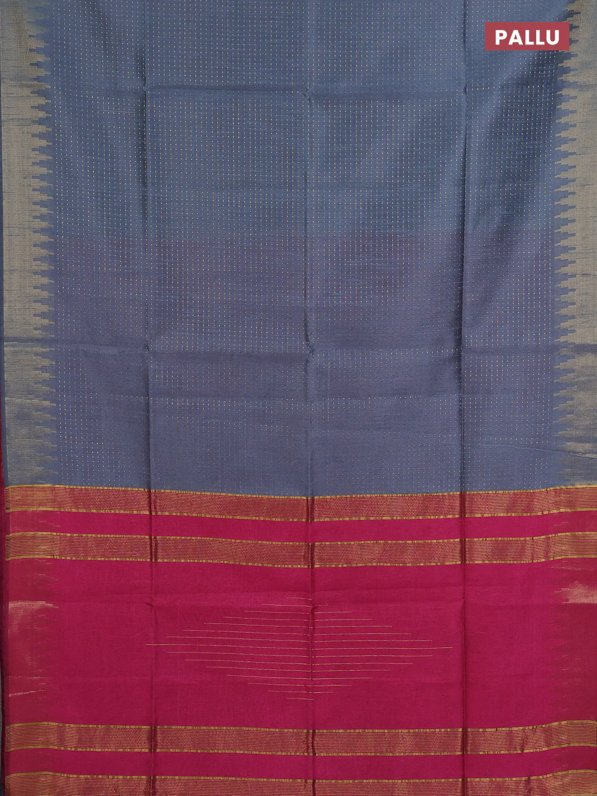 Semi dupion saree grey and pink with allover zari weaves and temple zari woven border - Image 3