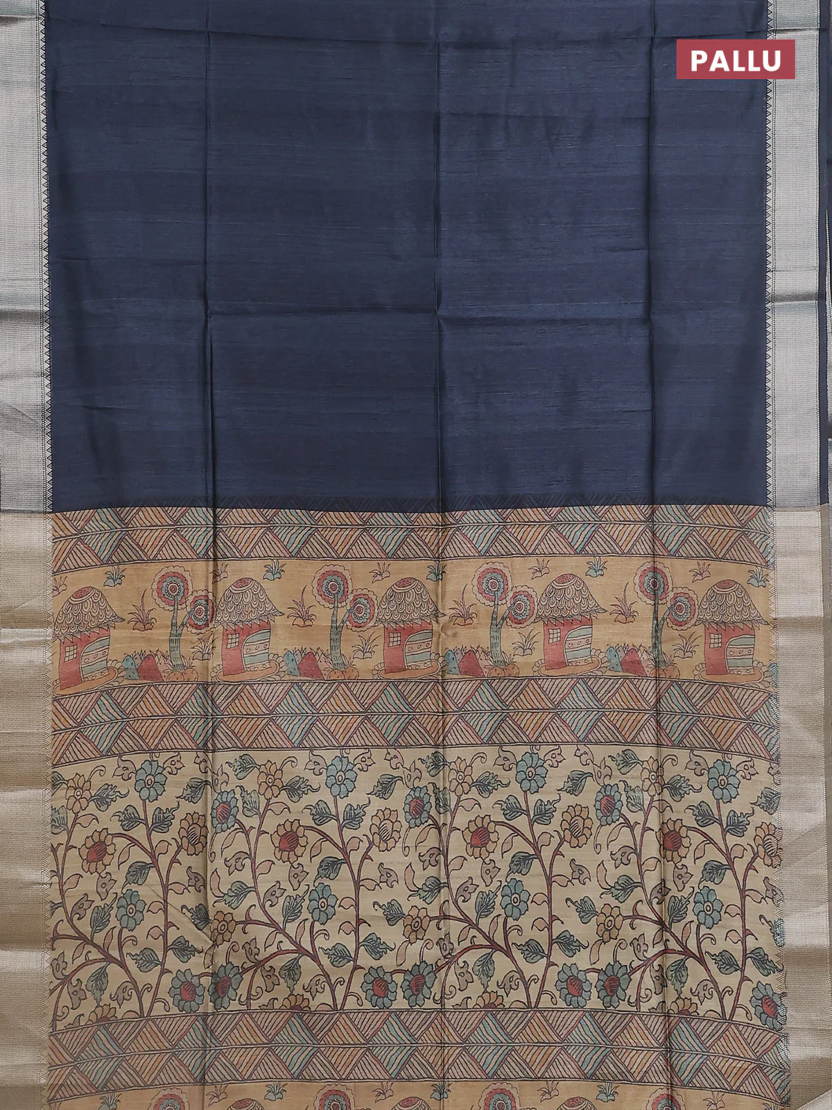 Semi dupion saree grey with plain body and madhubani printed pallu & blouse - Image 3