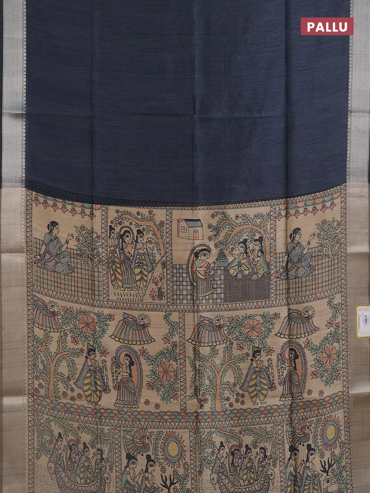 Semi dupion saree grey with plain body and madhubani printed pallu & blouse - Image 3