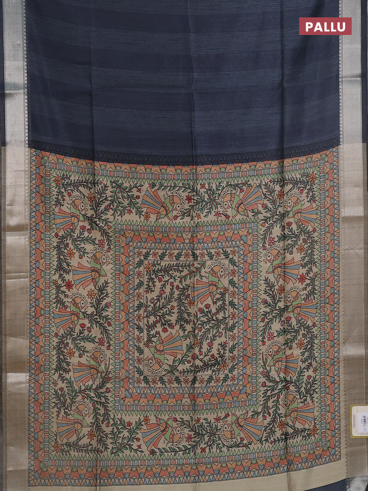 Semi dupion saree grey with plain body and madhubani printed pallu & blouse - Image 3