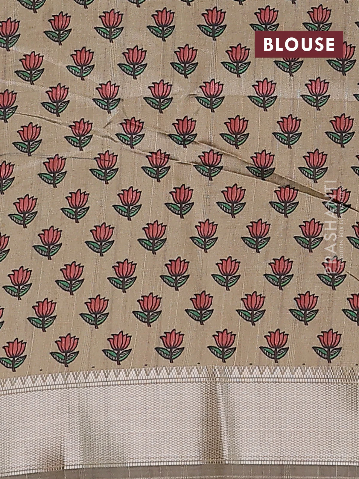 Semi dupion saree grey with plain body and madhubani printed pallu & blouse - Image 4