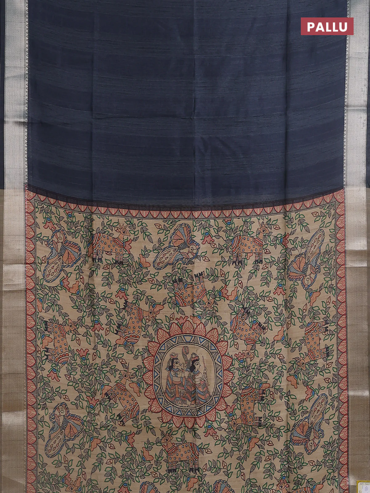 Semi dupion saree grey with plain body and madhubani printed pallu & blouse - Image 3