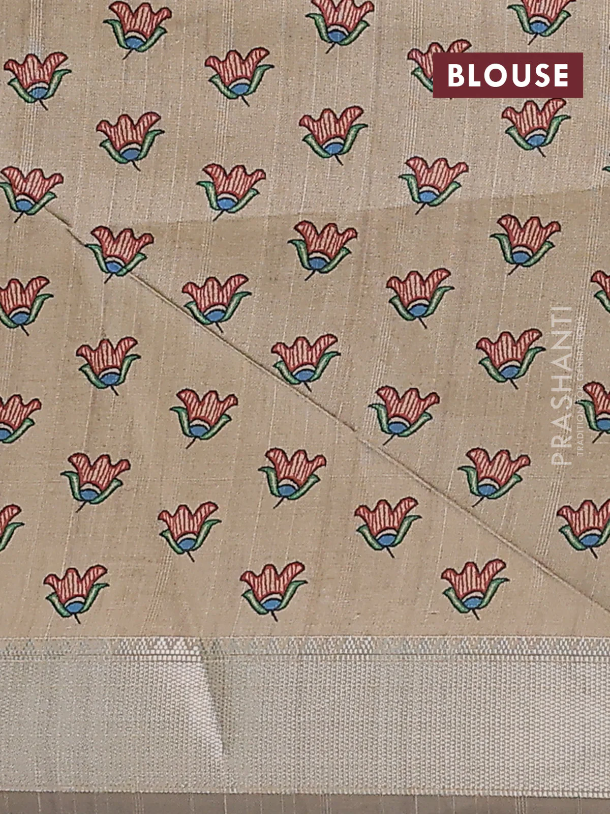 Semi dupion saree grey with plain body and madhubani printed pallu & blouse - Image 4