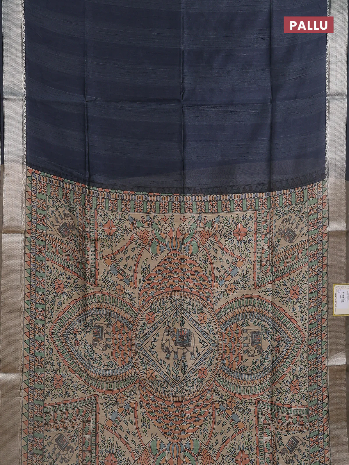 Semi dupion saree grey with plain body and madhubani printed pallu & blouse - Image 3