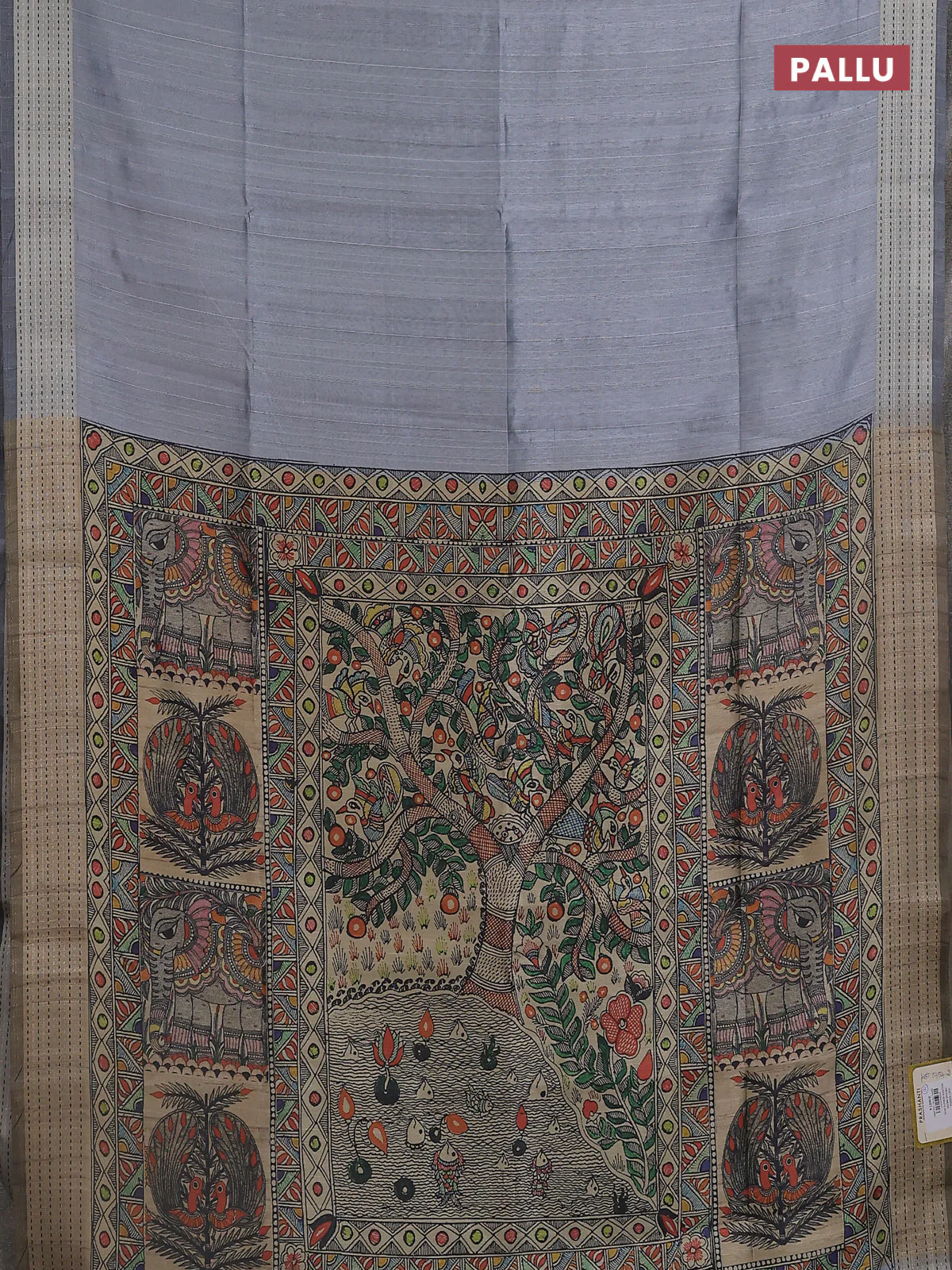 Semi dupion saree grey with plain body and madhubani printed pallu & kantha stitch work - Image 3
