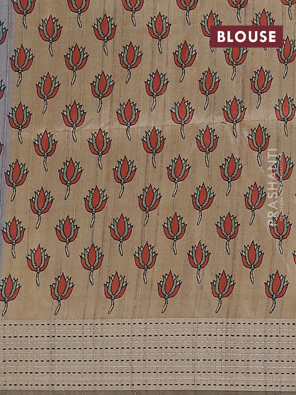 Semi dupion saree grey with plain body and madhubani printed pallu & kantha stitch work - Image 4