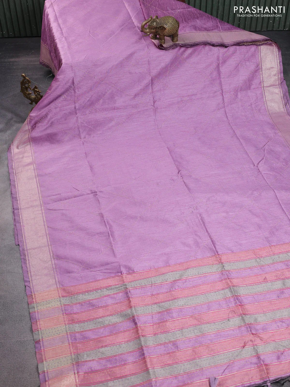 Semi dupion saree lavender and multi colour with allover kantha stitch work and zari woven border - Image 2