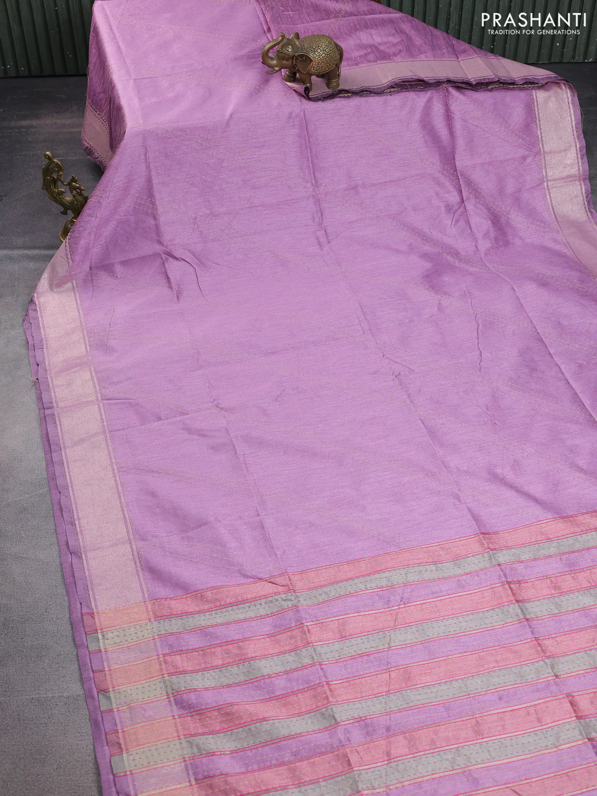 Semi dupion saree lavender and multi colour with allover kantha stitch work and zari woven border - Image 2