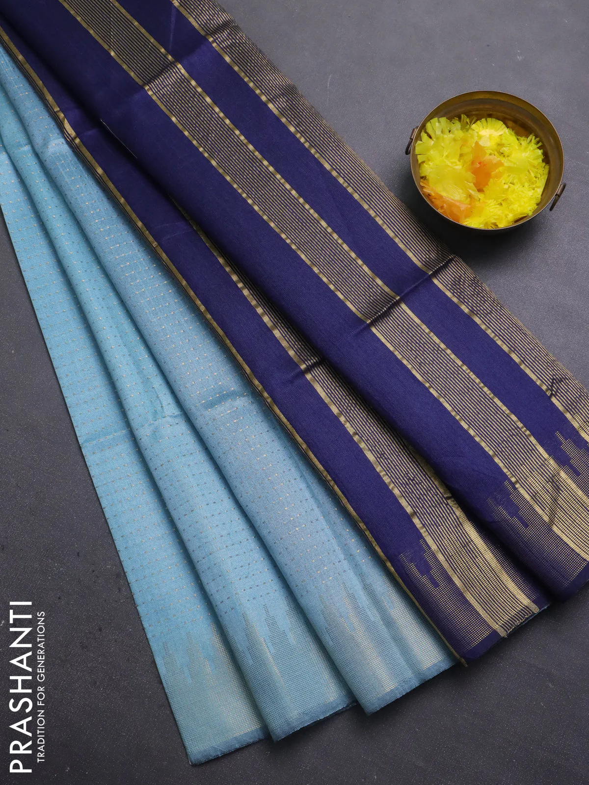 Semi dupion saree light blue and navy blue with allover zari weaves and temple zari woven border