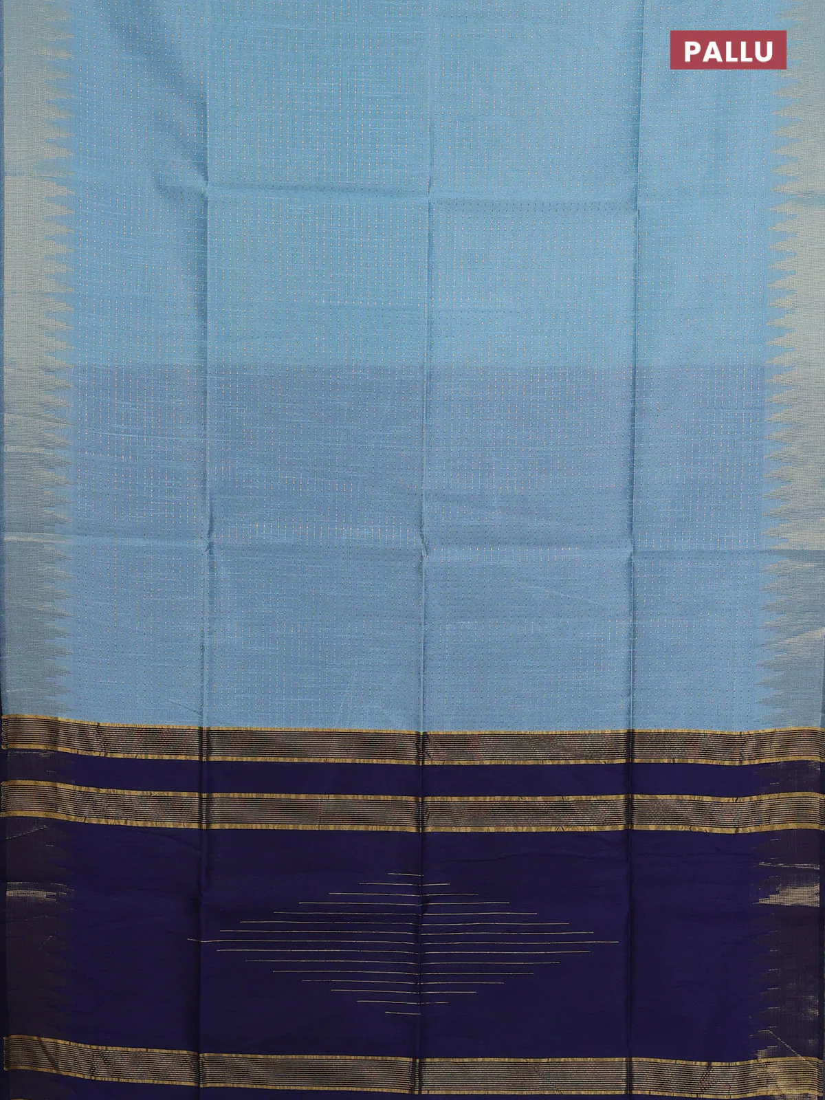 Semi dupion saree light blue and navy blue with allover zari weaves and temple zari woven border - Image 3